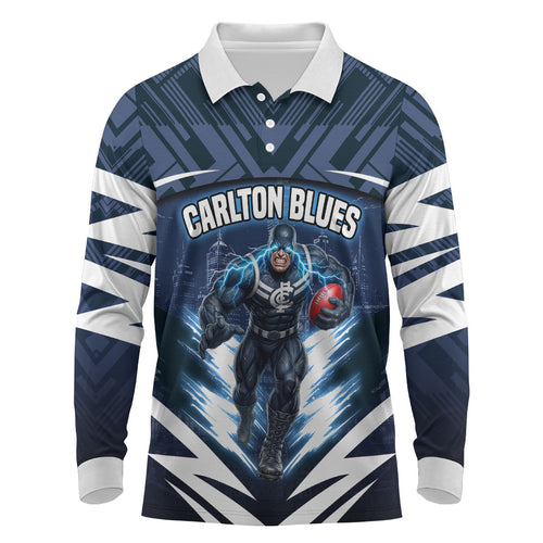 Personalised Carlton Blues Football Long Sleeve Polo Shirt Superhero Comic Art Dark Geometric City