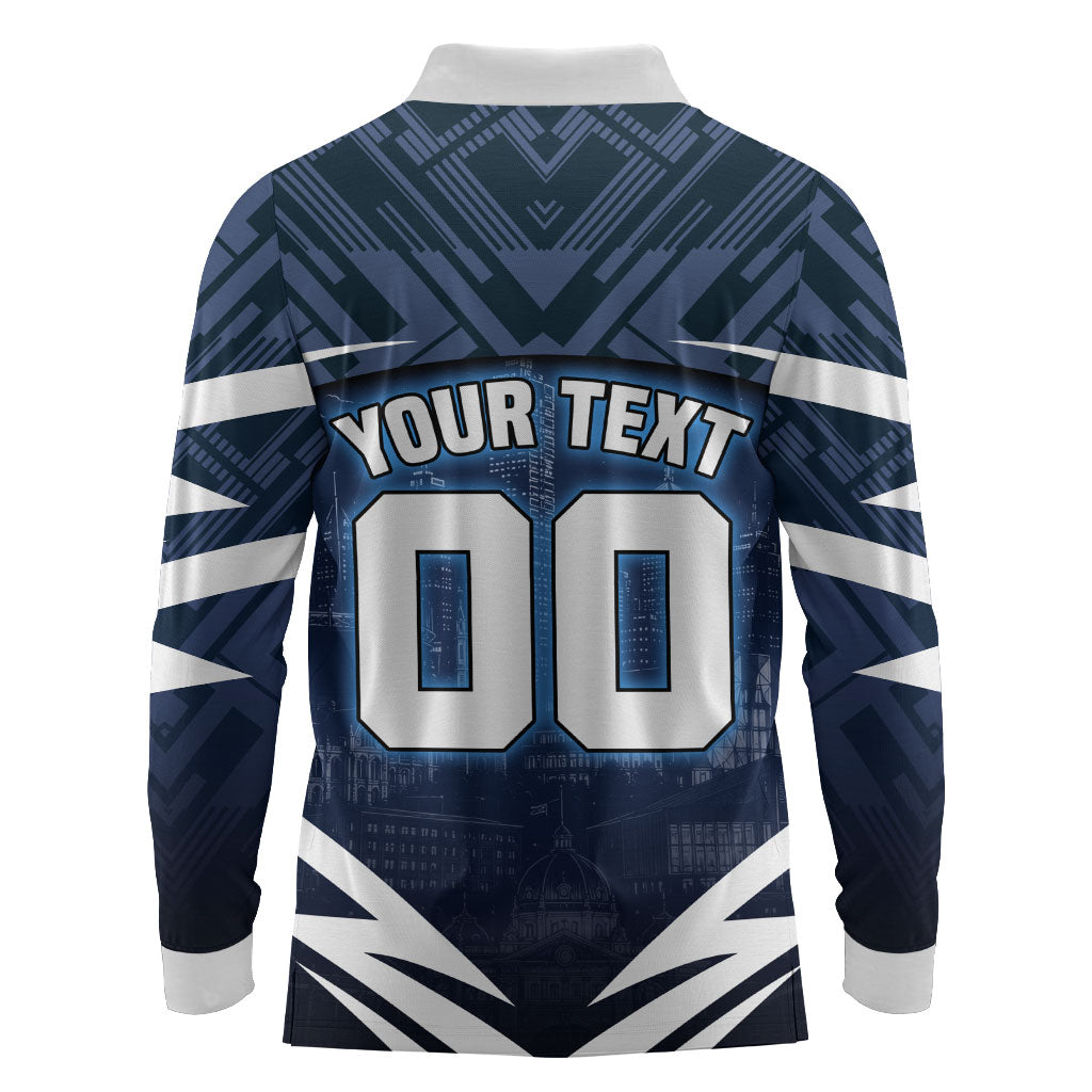 Personalised Carlton Blues Football Long Sleeve Polo Shirt Superhero Comic Art Dark Geometric City
