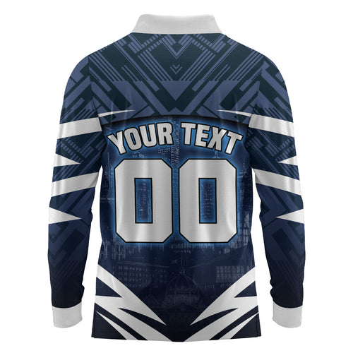 Personalised Carlton Blues Football Long Sleeve Polo Shirt Superhero Comic Art Dark Geometric City