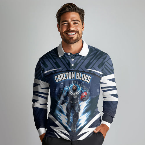 Personalised Carlton Blues Football Long Sleeve Polo Shirt Superhero Comic Art Dark Geometric City