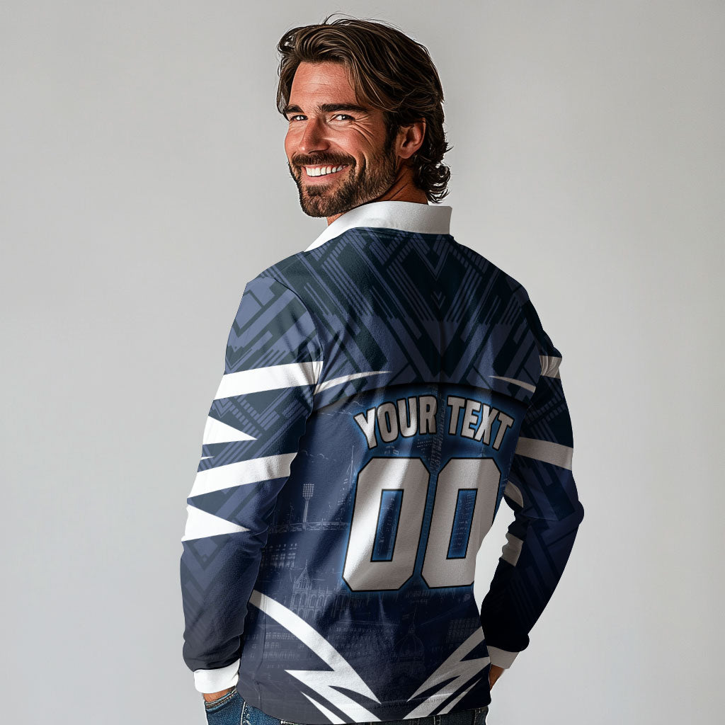 Personalised Carlton Blues Football Long Sleeve Polo Shirt Superhero Comic Art Dark Geometric City
