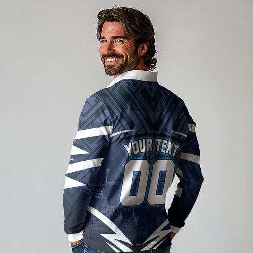 Personalised Carlton Blues Football Long Sleeve Polo Shirt Superhero Comic Art Dark Geometric City