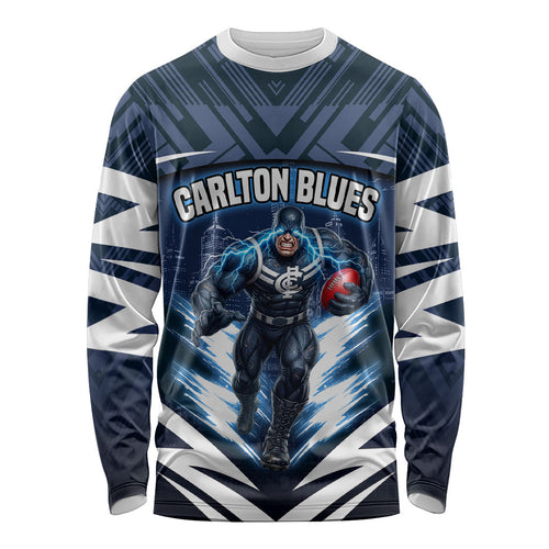 Personalised Carlton Blues Football Long Sleeve Shirt Superhero Comic Art Dark Geometric City