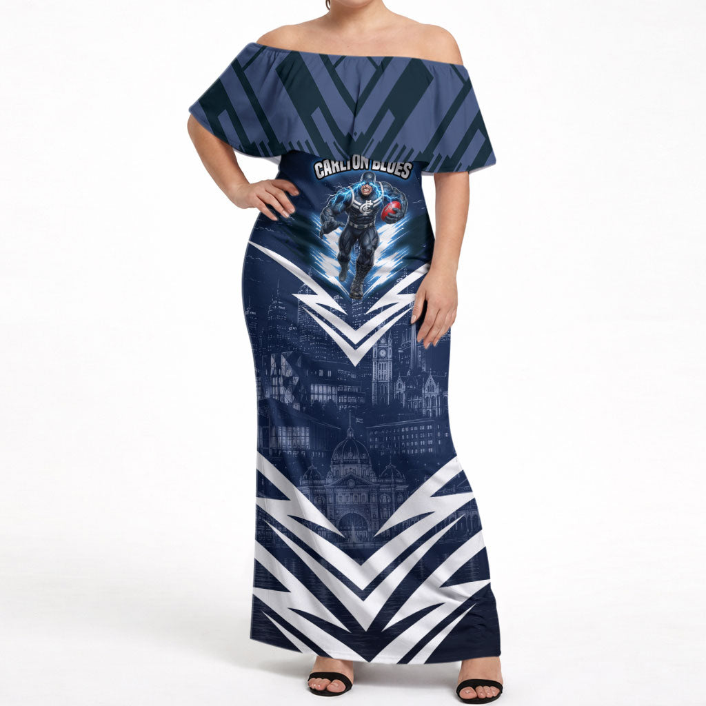 Personalised Carlton Blues Football Off Shoulder Maxi Dress Superhero Comic Art Dark Geometric City