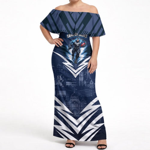 Personalised Carlton Blues Football Off Shoulder Maxi Dress Superhero Comic Art Dark Geometric City
