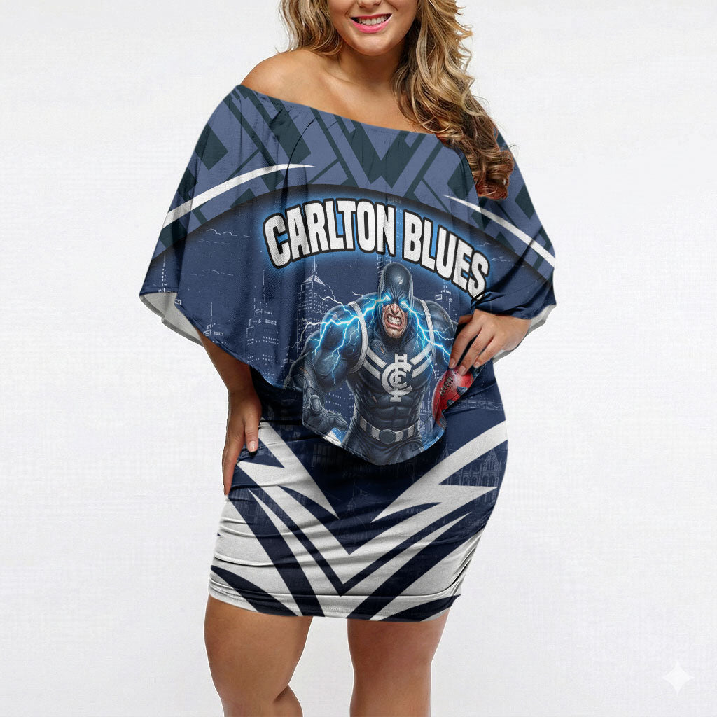 Personalised Carlton Blues Football Off Shoulder Short Dress Superhero Comic Art Dark Geometric City