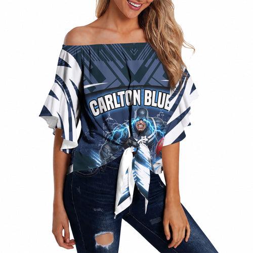 Personalised Carlton Blues Football Off Shoulder Wrap Waist Top Superhero Comic Art Dark Geometric City