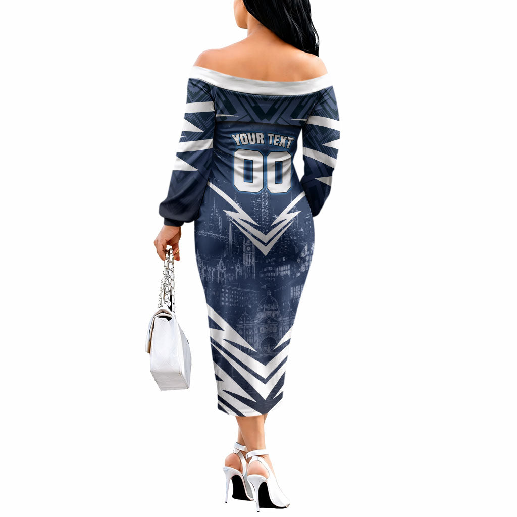 Personalised Carlton Blues Football Off The Shoulder Long Sleeve Dress Superhero Comic Art Dark Geometric City