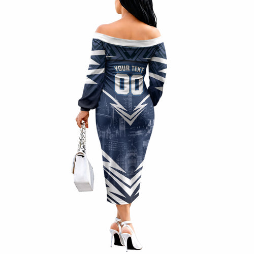 Personalised Carlton Blues Football Off The Shoulder Long Sleeve Dress Superhero Comic Art Dark Geometric City