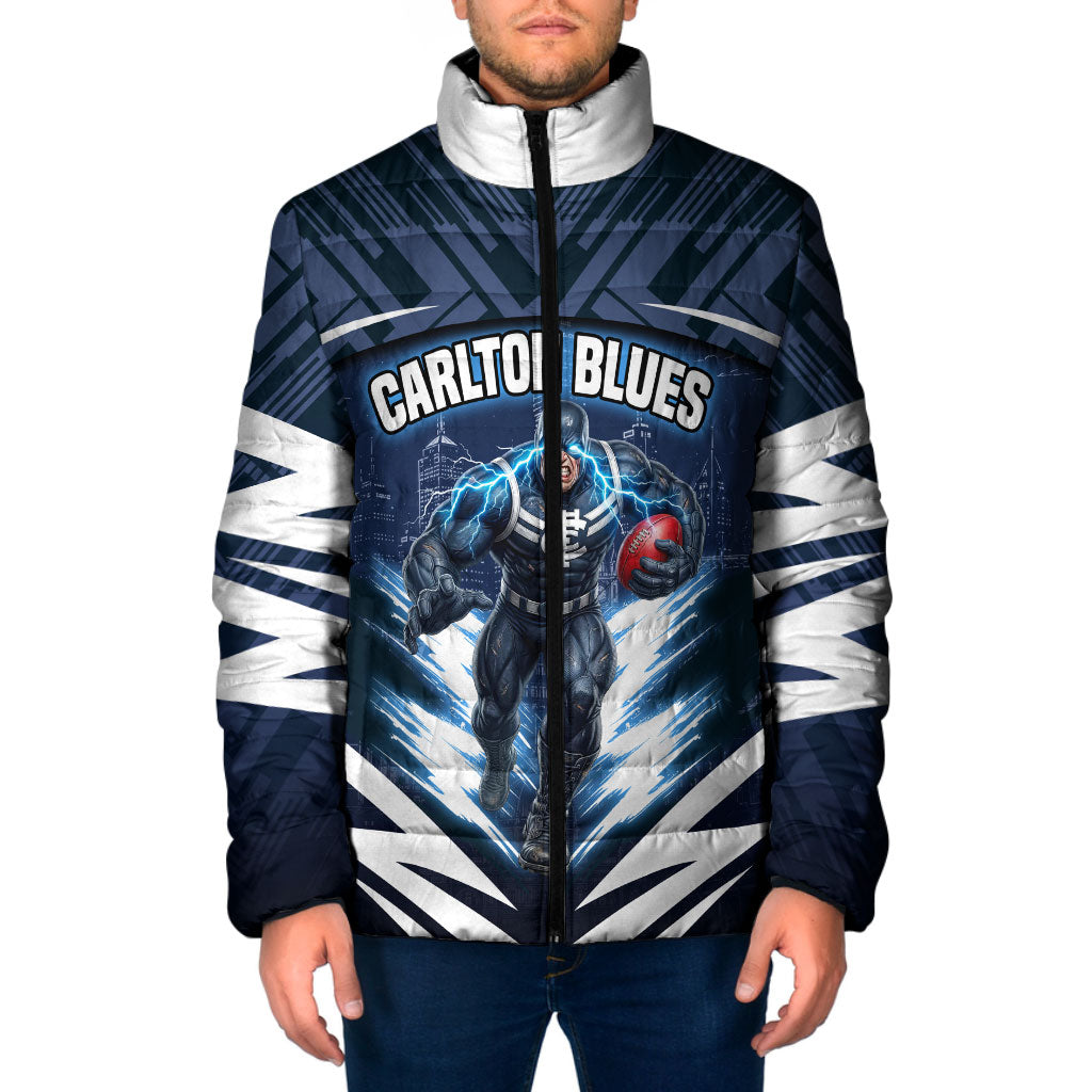 Personalised Carlton Blues Football Padded Jacket Superhero Comic Art Dark Geometric City