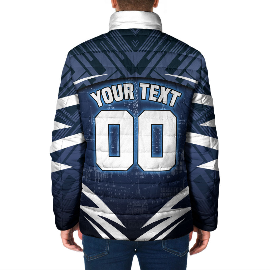 Personalised Carlton Blues Football Padded Jacket Superhero Comic Art Dark Geometric City