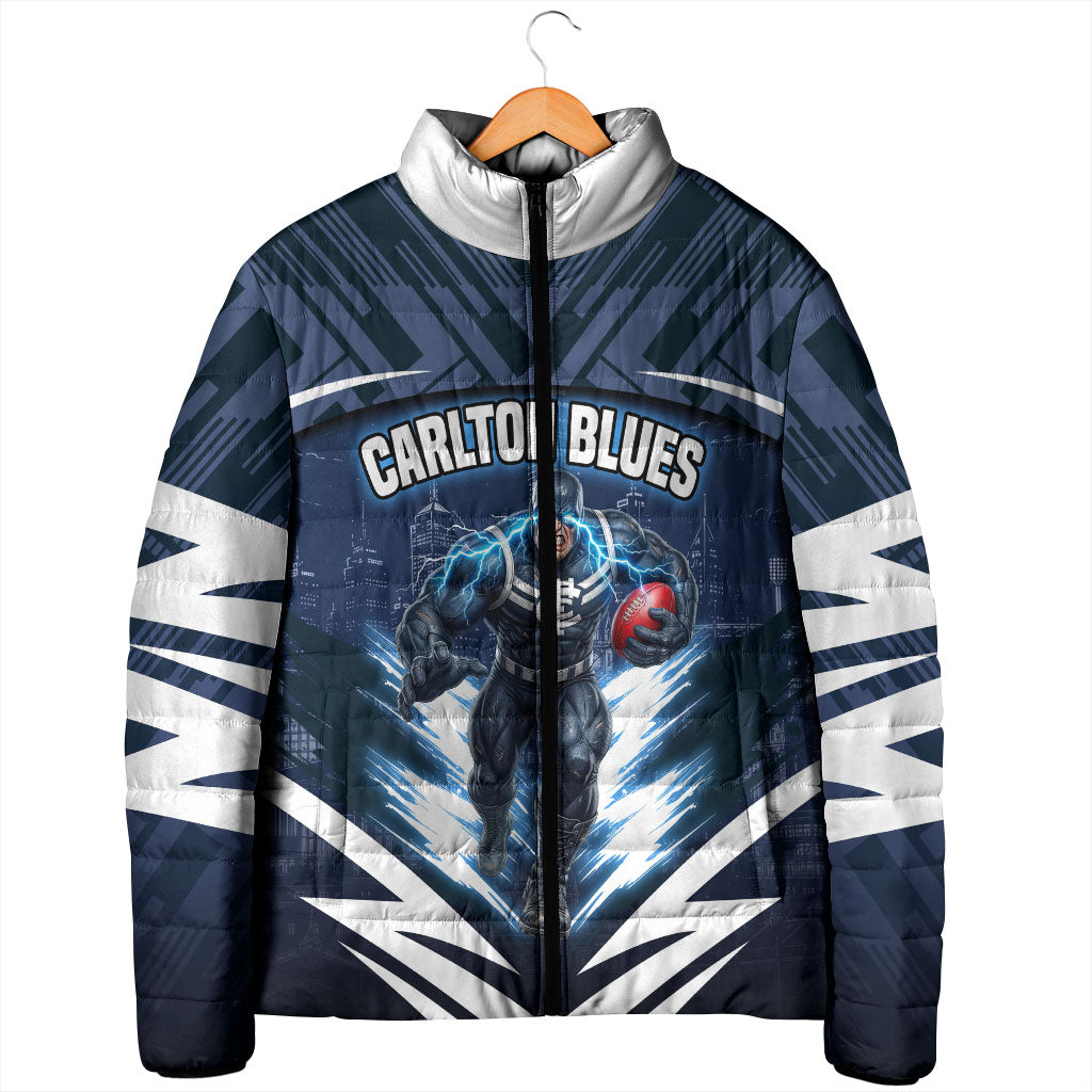 Personalised Carlton Blues Football Padded Jacket Superhero Comic Art Dark Geometric City