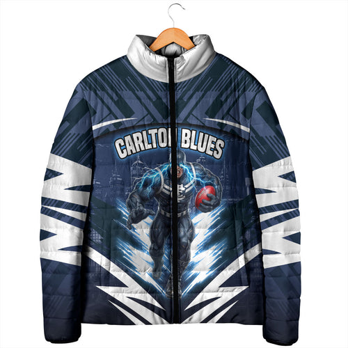 Personalised Carlton Blues Football Padded Jacket Superhero Comic Art Dark Geometric City