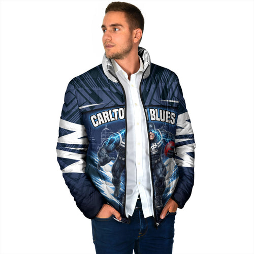 Personalised Carlton Blues Football Padded Jacket Superhero Comic Art Dark Geometric City
