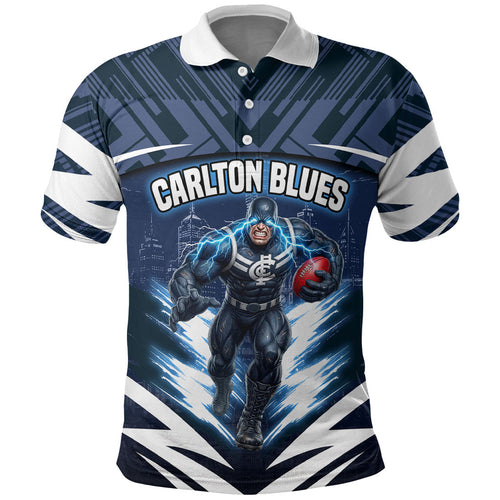 Personalised Carlton Blues Football Polo Shirt Superhero Comic Art Dark Geometric City