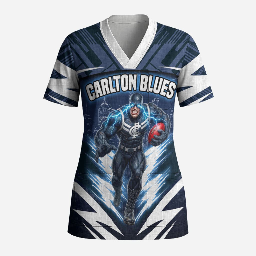 Personalised Carlton Blues Football Scrub Top Superhero Comic Art Dark Geometric City