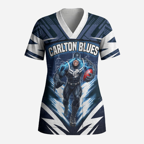 Personalised Carlton Blues Football Scrub Top Superhero Comic Art Dark Geometric City