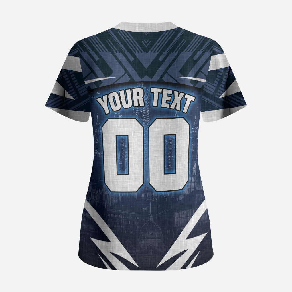 Personalised Carlton Blues Football Scrub Top Superhero Comic Art Dark Geometric City