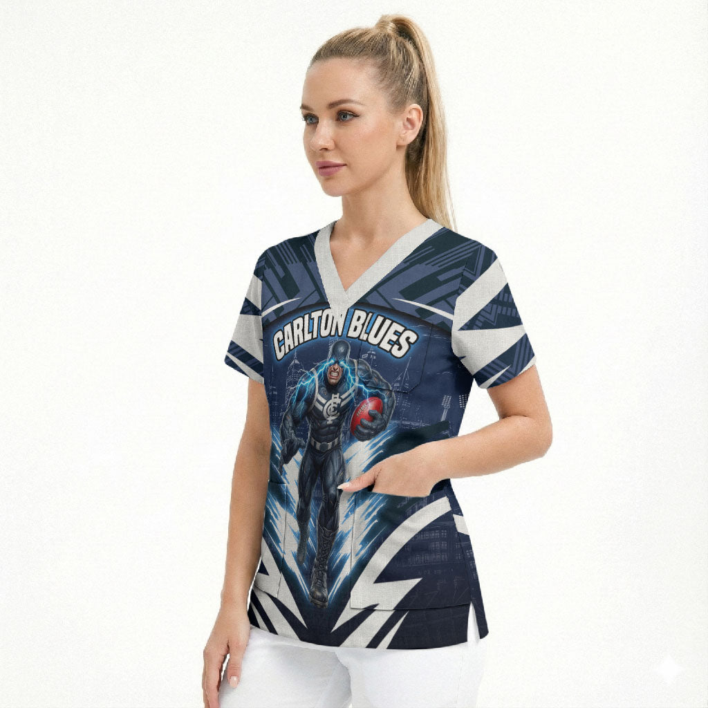 Personalised Carlton Blues Football Scrub Top Superhero Comic Art Dark Geometric City