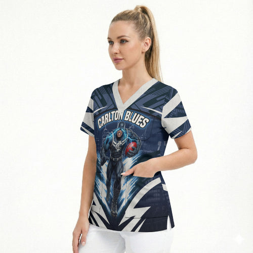 Personalised Carlton Blues Football Scrub Top Superhero Comic Art Dark Geometric City