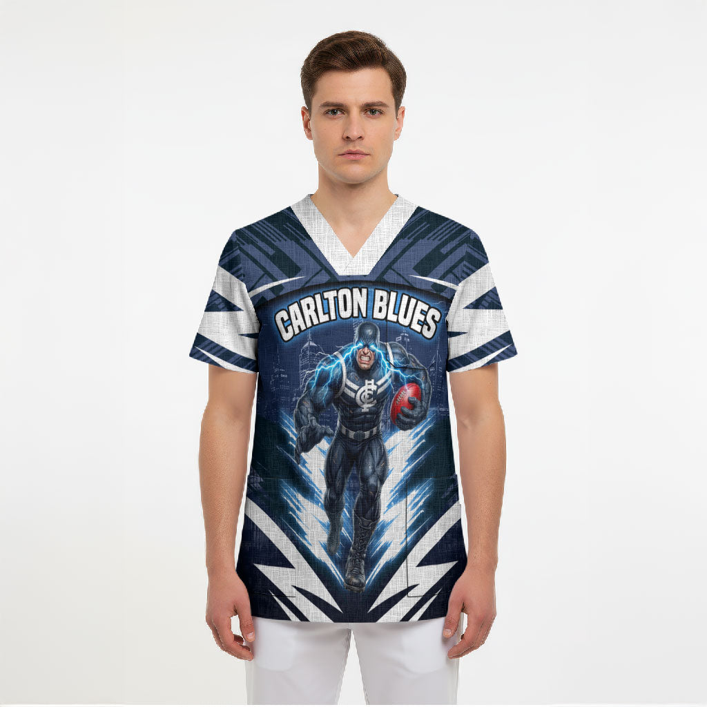 Personalised Carlton Blues Football Scrub Top Superhero Comic Art Dark Geometric City