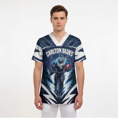 Personalised Carlton Blues Football Scrub Top Superhero Comic Art Dark Geometric City
