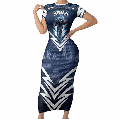 Personalised Carlton Blues Football Short Sleeve Bodycon Dress Superhero Comic Art Dark Geometric City