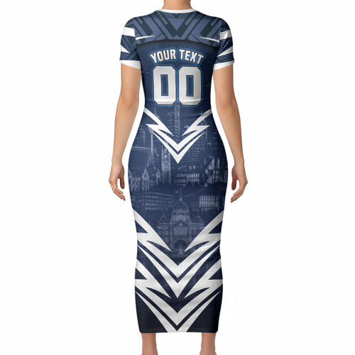 Personalised Carlton Blues Football Short Sleeve Bodycon Dress Superhero Comic Art Dark Geometric City