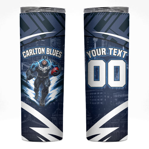 Personalised Carlton Blues Football Skinny Tumbler Superhero Comic Art Dark Geometric City