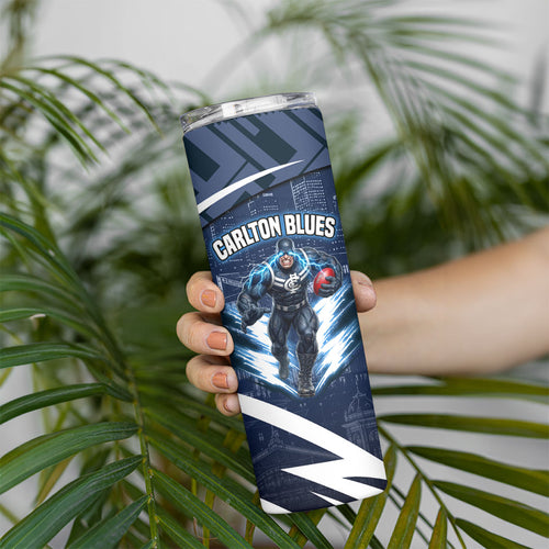Personalised Carlton Blues Football Skinny Tumbler Superhero Comic Art Dark Geometric City