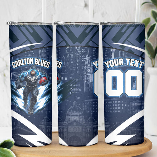 Personalised Carlton Blues Football Skinny Tumbler Superhero Comic Art Dark Geometric City