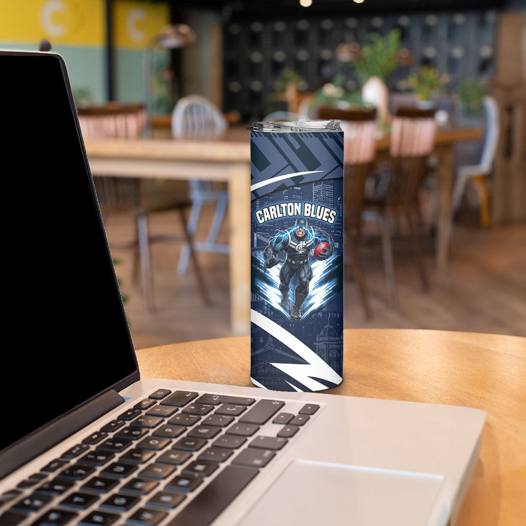 Personalised Carlton Blues Football Skinny Tumbler Superhero Comic Art Dark Geometric City