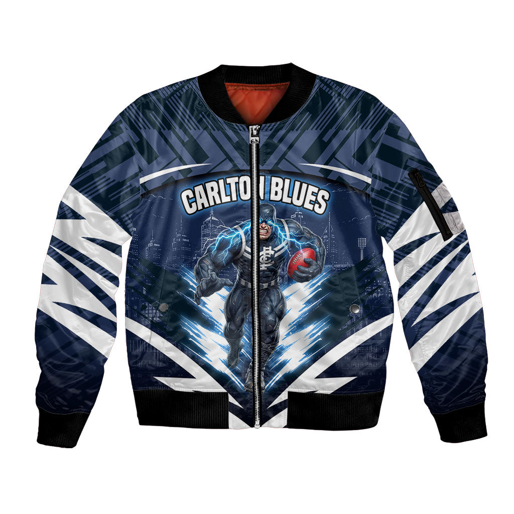 Personalised Carlton Blues Football Sleeve Zip Bomber Jacket Superhero Comic Art Dark Geometric City