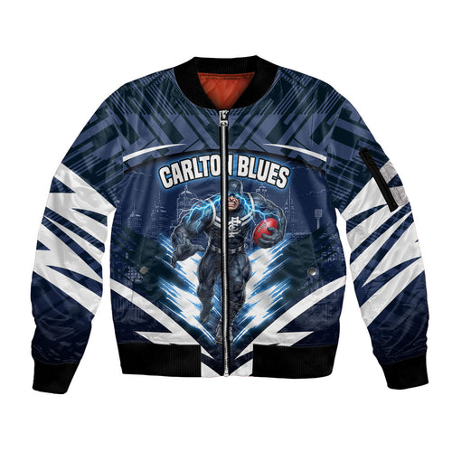 Personalised Carlton Blues Football Sleeve Zip Bomber Jacket Superhero Comic Art Dark Geometric City