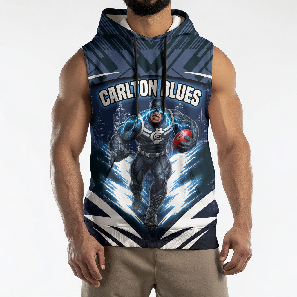 Personalised Carlton Blues Football Sleeveless Hoodie Superhero Comic Art Dark Geometric City