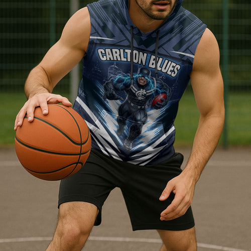Personalised Carlton Blues Football Sleeveless Hoodie Superhero Comic Art Dark Geometric City