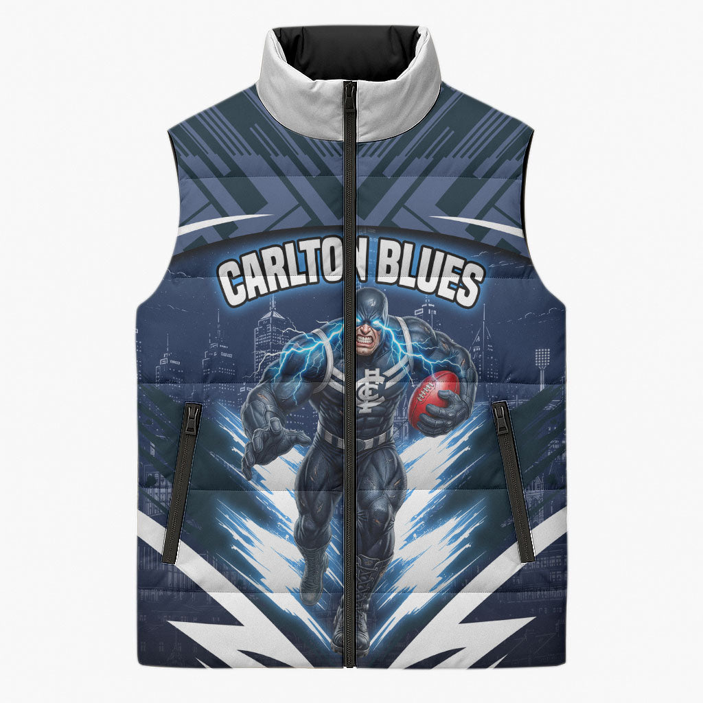 Personalised Carlton Blues Football Sleeveless Puffer Jacket Superhero Comic Art Dark Geometric City