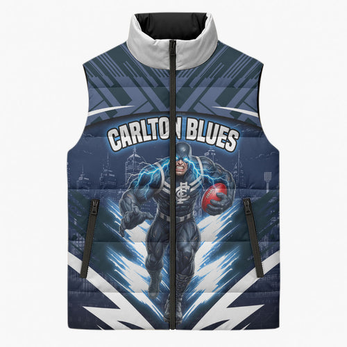 Personalised Carlton Blues Football Sleeveless Puffer Jacket Superhero Comic Art Dark Geometric City