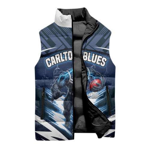 Personalised Carlton Blues Football Sleeveless Puffer Jacket Superhero Comic Art Dark Geometric City