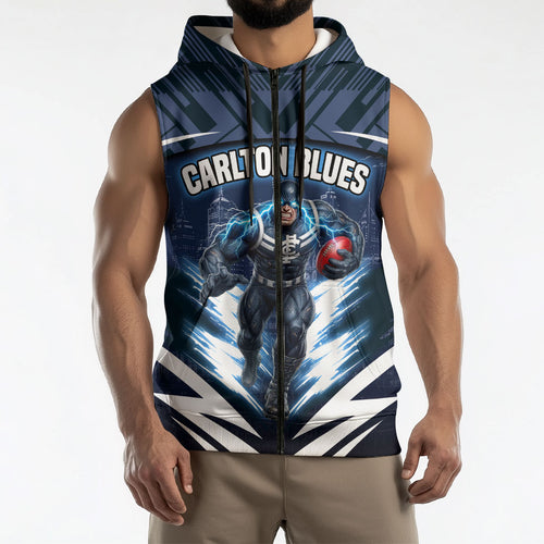 Personalised Carlton Blues Football Sleeveless Zip Hoodie Superhero Comic Art Dark Geometric City