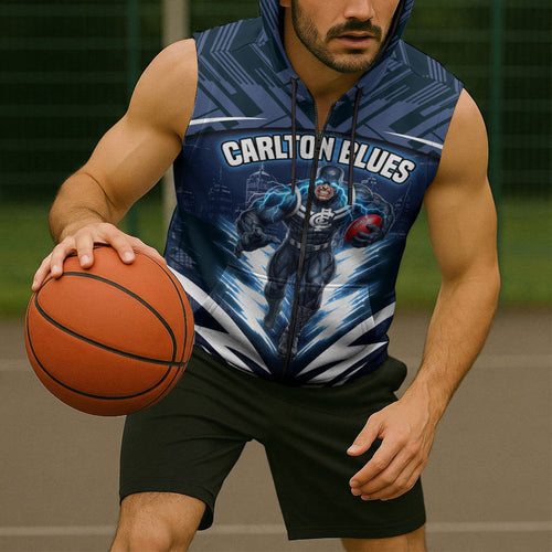 Personalised Carlton Blues Football Sleeveless Zip Hoodie Superhero Comic Art Dark Geometric City