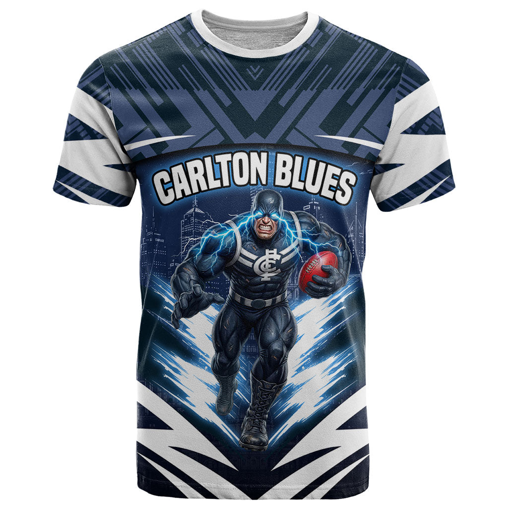 Personalised Carlton Blues Football T Shirt Superhero Comic Art Dark Geometric City