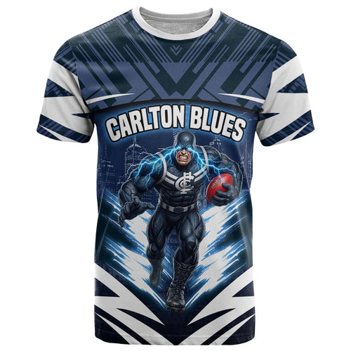 Personalised Carlton Blues Football T Shirt Superhero Comic Art Dark Geometric City