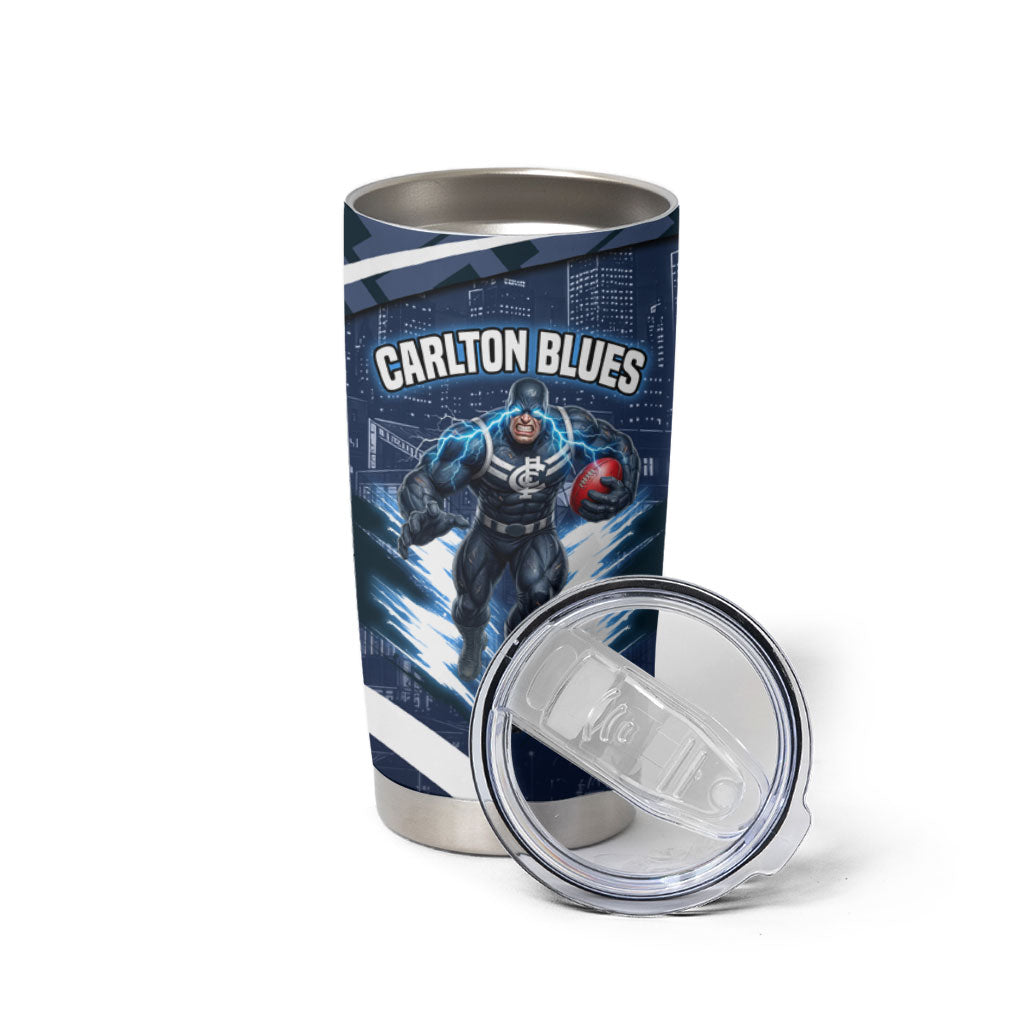 Personalised Carlton Blues Football Tumbler Cup Superhero Comic Art Dark Geometric City