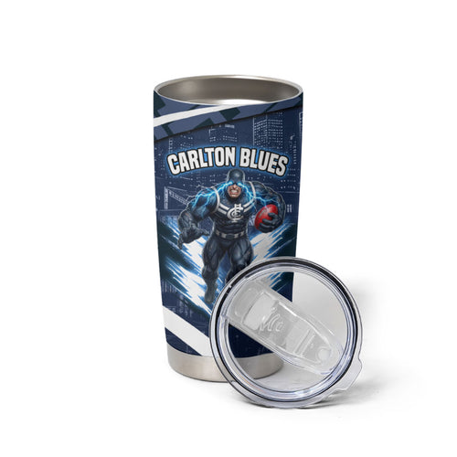 Personalised Carlton Blues Football Tumbler Cup Superhero Comic Art Dark Geometric City