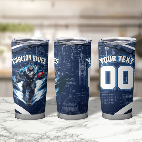 Personalised Carlton Blues Football Tumbler Cup Superhero Comic Art Dark Geometric City