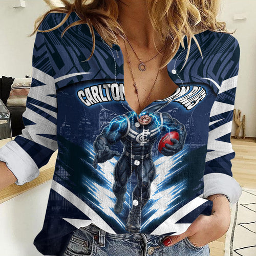 Personalised Carlton Blues Football Women Casual Shirt Superhero Comic Art Dark Geometric City