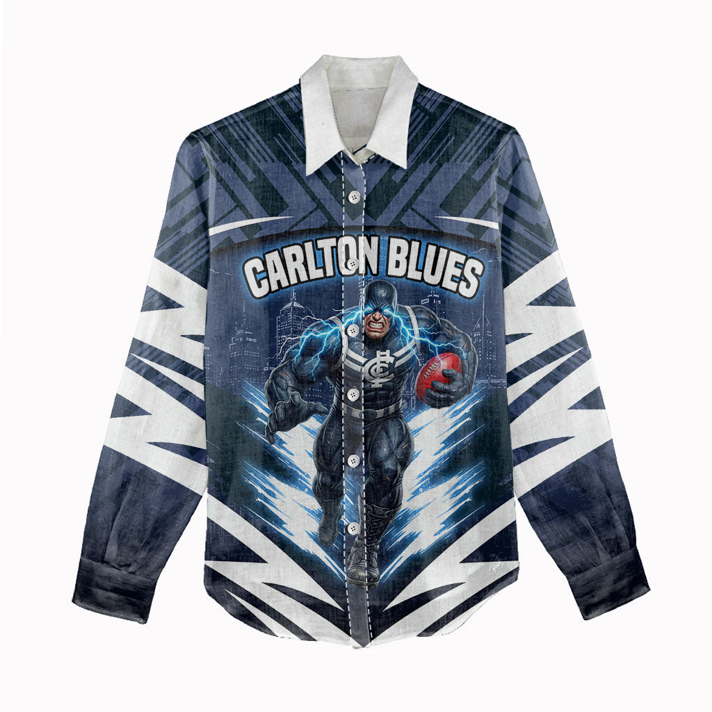 Personalised Carlton Blues Football Women Casual Shirt Superhero Comic Art Dark Geometric City