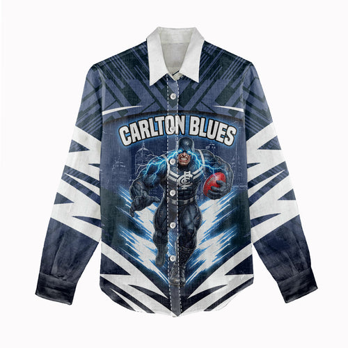 Personalised Carlton Blues Football Women Casual Shirt Superhero Comic Art Dark Geometric City