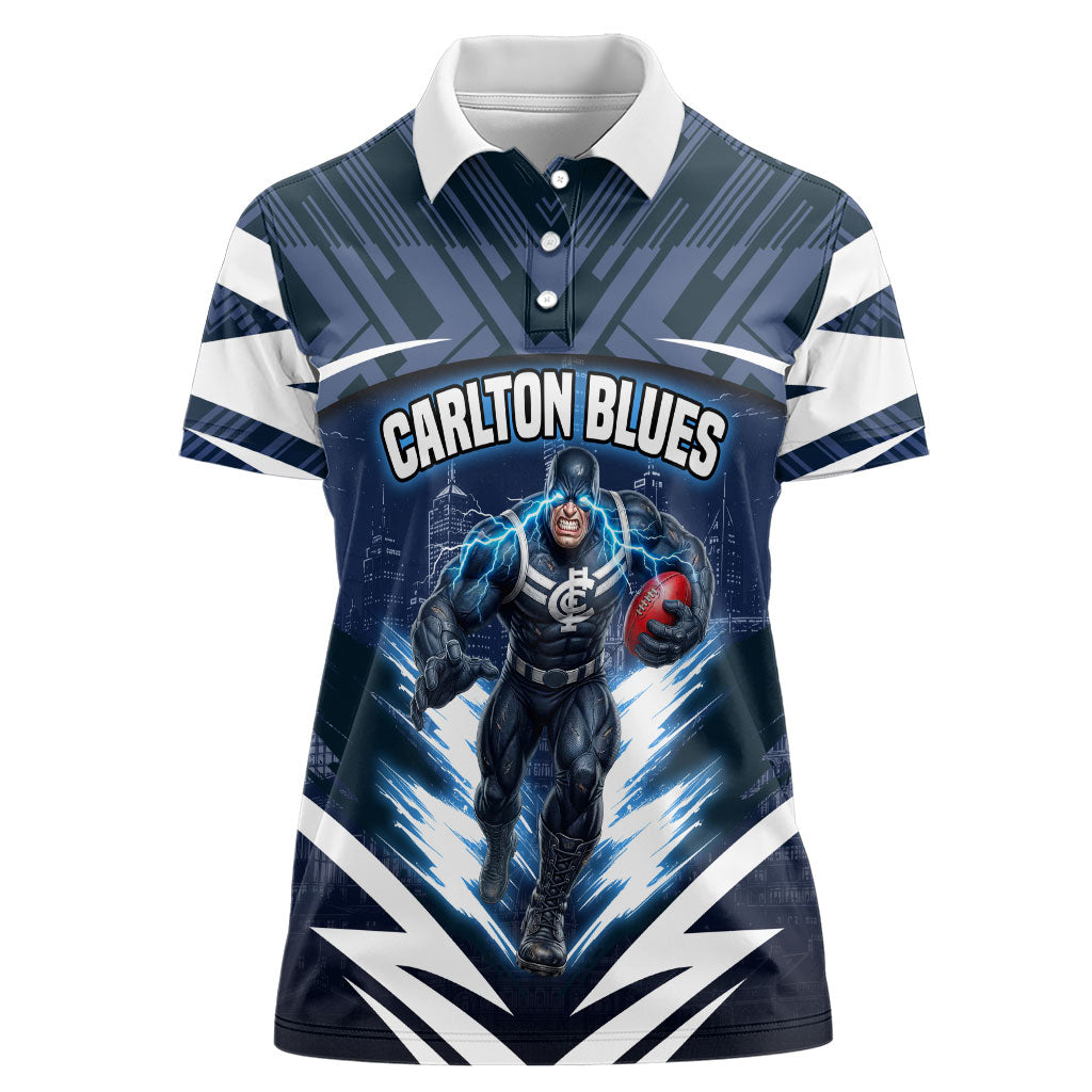 Personalised Carlton Blues Football Women Polo Shirt Superhero Comic Art Dark Geometric City